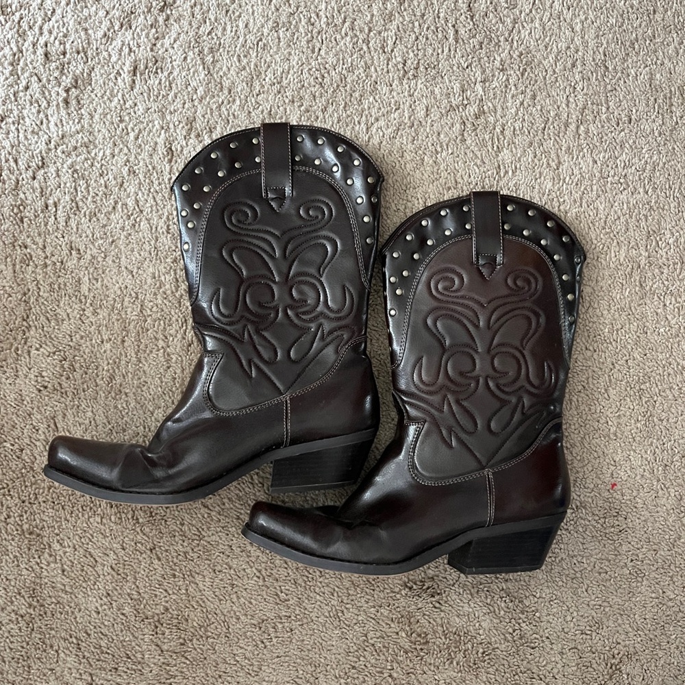 Johnson Dark Brown Faux Leather Boots Cowboy 9.5M